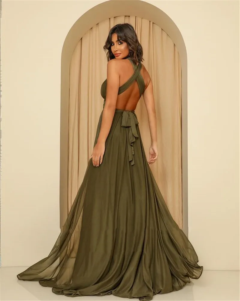 Dlass Stor Olive Green Chiffon Long Prom Dresses Jewel Neck Side Slit Criss Cross Simple Evening Gowns Women Formal Party Dress long prom dresses