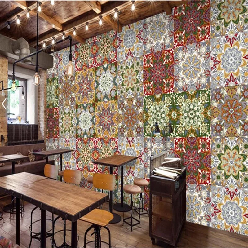 Bohemian Tile Wall 3D Photo Wallpapers European Restaurant Cafe Bar KTV Coffee House Industrial Decor Background Paper | Обустройство