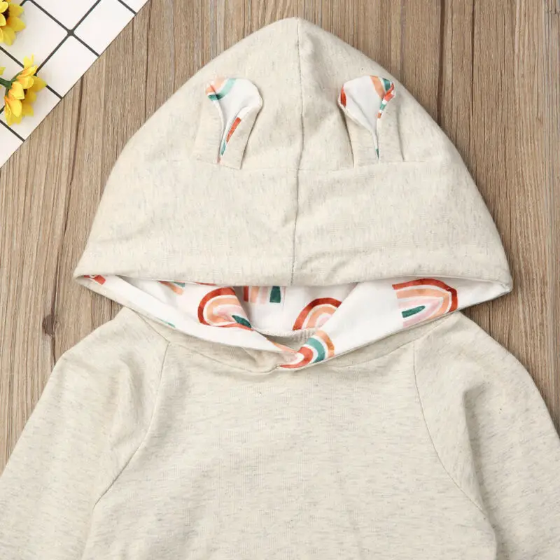3-18M Infant Baby Boy Girl Autumn Clothes Hooded Tops Rainbow Long Pants Outfit Set