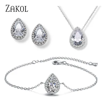 

ZAKOL Classic Clear Cubic Zirconia Drop Earrings Bracelet Pendant Set Jewelry for Bridal Wedding Dress Accessories FSSP3075