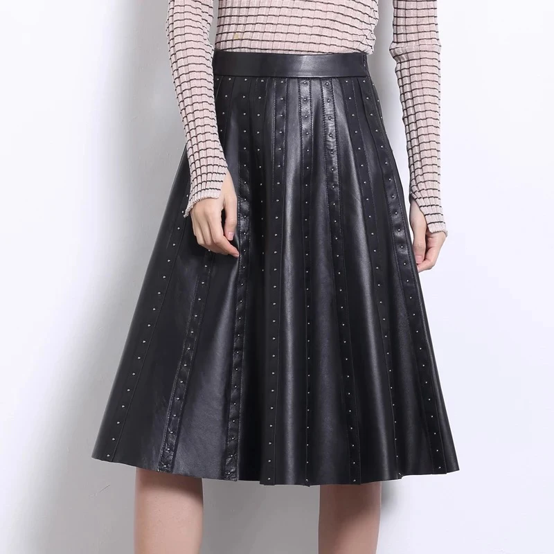 Genuine Leather Pleated Skirt 2022 Winter And Autumn Long Skirts Womens