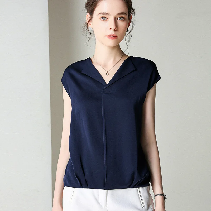 

Solid Color Short Sleeve Important Silk Shirts Women's 2019 Spring And Summer New Style Elegant Fold-down Collar Simple Loose-Fi