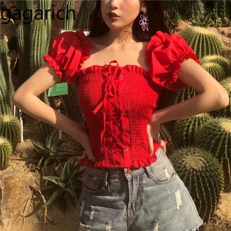 Gagarich Women Chic Slash Neck Shirts Sexy Off Shoulder Front Bandage Short Sleeve Tops Elegant Solid Blouse Stretch Slim Summer | Женская
