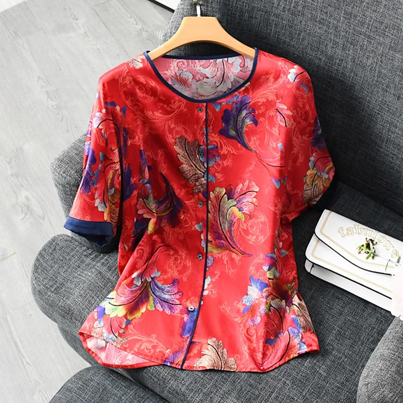 Женская летняя блуза из 93% натурального шелка, блуза из натурального шелка с расклешенными рукавами, Базовая рубашка с цветочным принтом, повседневный Топ, рубашки, шелковые блузки для женщин - Цвет: Red