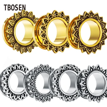 

TBOSEN Hot Selling Earring Jewelry Flower Pattern Stainless Steel Silver Gold Ear Plugs Piercing Body Jewelry Expanders 6-16mm