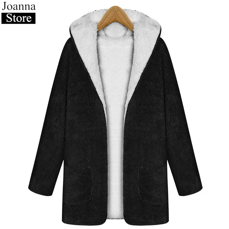 

Winter Women Hooded Short Faux Fur Coat Long Sleeve Double-Sided Plush Thick Warm Cardigan Long Sleeve Pocket Oversize Red Coats