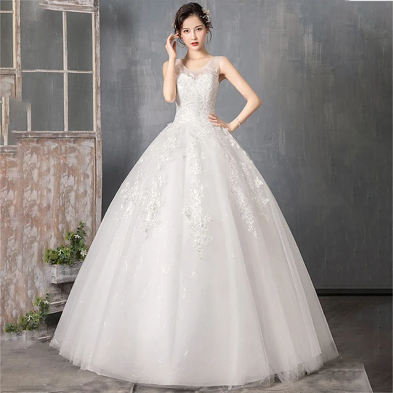 Vestidos de Noiva Vestido de Casamento com Decote em v para as Mulheres Rendas até Apliques de Novia Er683 sem Mangas Lantejoulas Skyyue Tamanho Grande 4 mangas plus size vestido de casamento com