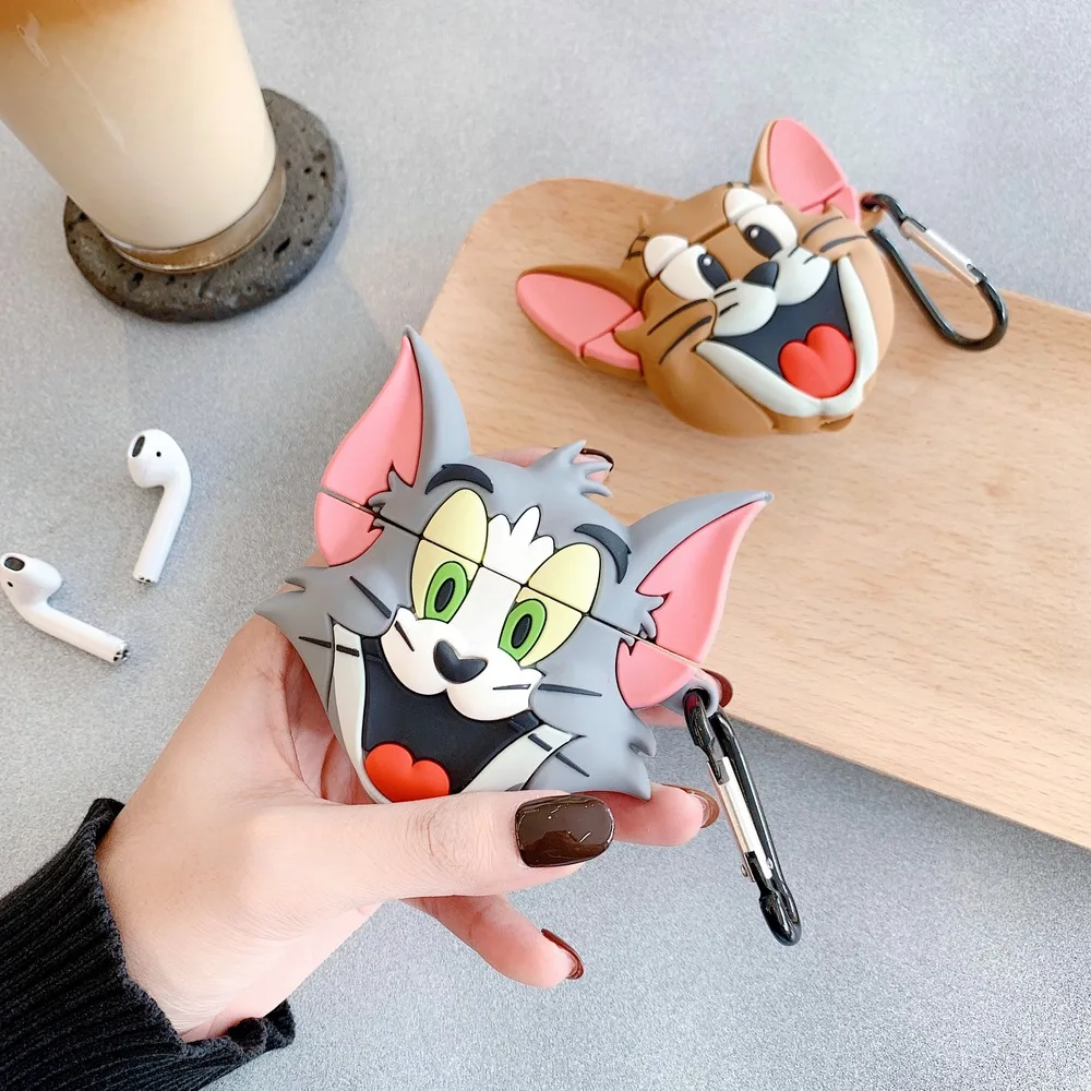 3D мультфильм мышь и кошка кожухи головных телефонов для AirPods 1 2 Bluetooth гарнитура зарядная Коробка Чехол для наушников силиконовый чехол с крюком