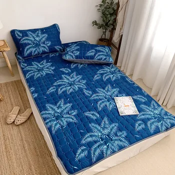 

Single Queen King Mattress Blue Plant Children Kids Mattress Protect Machine Washing Floor Mattress Non-slip Quilted Bed Pads