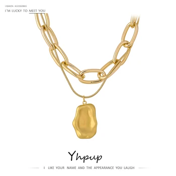 

Yhpup Trendy Chain Pendant Geometric Layered Necklace Charm Metal Gold Color Texture Copper Choker Necklace Jewelry Gift 2020