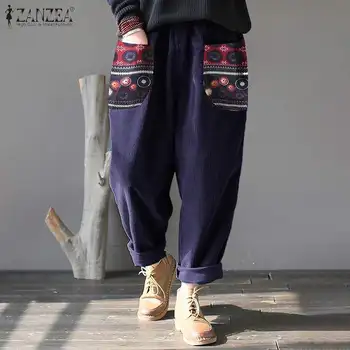 

2020 Casual Elastic Waist Corduroy Trouser ZANZEA Vintage Pants Women's Printed Trousers Plus Size Autumn Long Pantalon Female