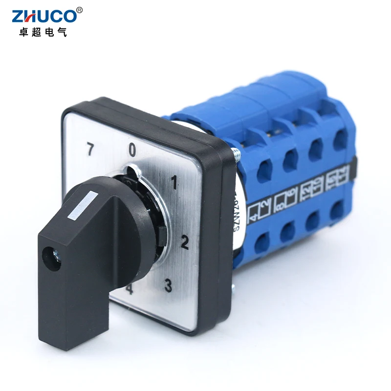 

ZHUCO SZW26/LW26-20/0-7.4 20A Four Pole Eight Position 64X64 48X48 mm Panel Changeover Rotary Cam Universal Switch
