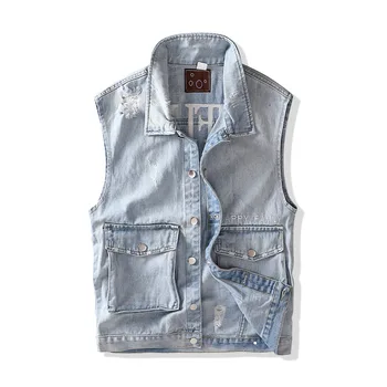

Denim Vest Men Sleeveless Jacket New Spring Autumn Washed Jeans Vintage Waistcoat Outwear Male Ripped Vest Jacket