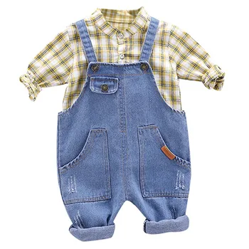 

Baby Boy Clothes 2pcs Casual Kids Clothes Sets Autumn Long Sleeve Plaid Print Shirt Blouse+Strap Denim overalls Trousers Spring
