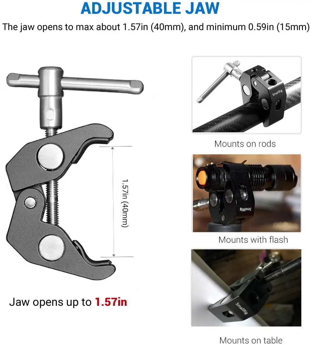 SmallRig 1/4 및 3/8 나사산 슈퍼 클램프, 15mm-44mm 막대 카메라 조명용 2 개 팩, 우산 Hhooks 선반 카메라 클램프
