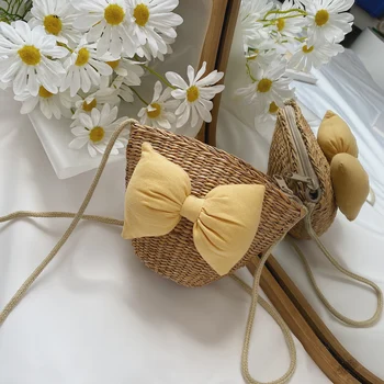 

2020 Fashion Trend Children Mini Straw Bag Big Bow Zipper Shoulder Handbags Casual Summer New Beach Holiday Small Satchel Gift
