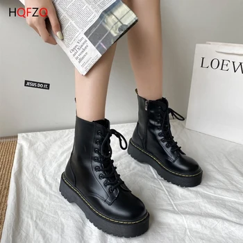 

WOHDHE Women Martin Boots Ankle Boots Thick Bottom Platform Punk Women Shoes PU Leather Botas Cross-tied Botines