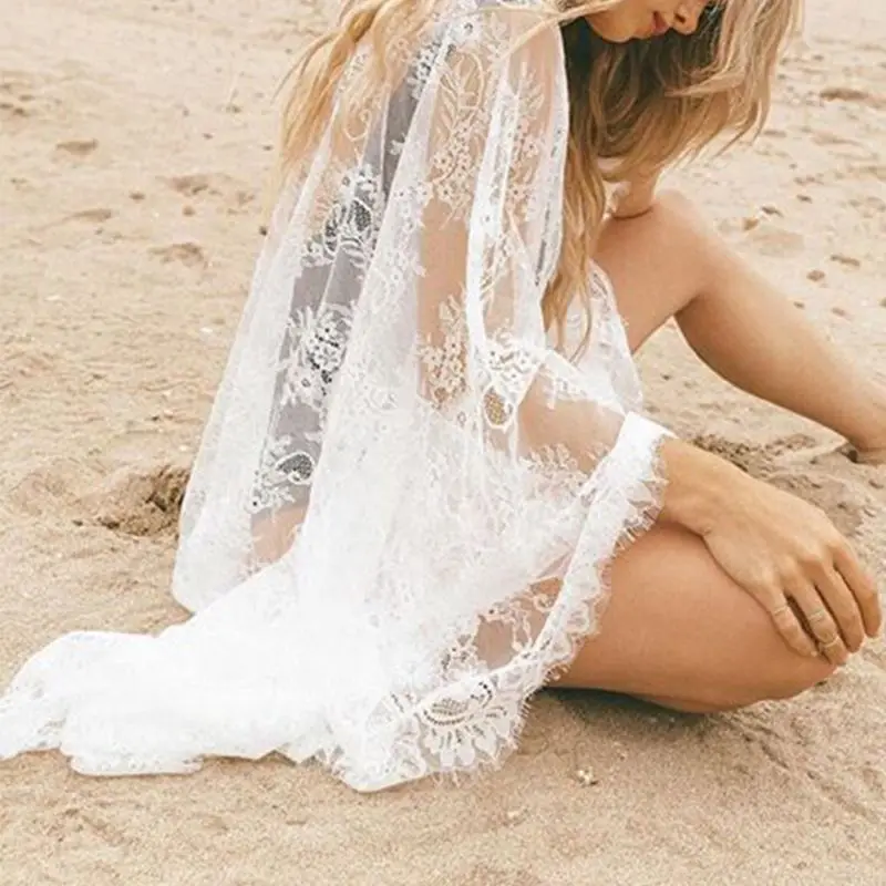 

Womens Summer Flare Sleeves Long Kimono Cardigan Sheer Eyelash Floral Lace Maxi Bikini Swimsuit Cover Up Sunscreen Beach Dress
