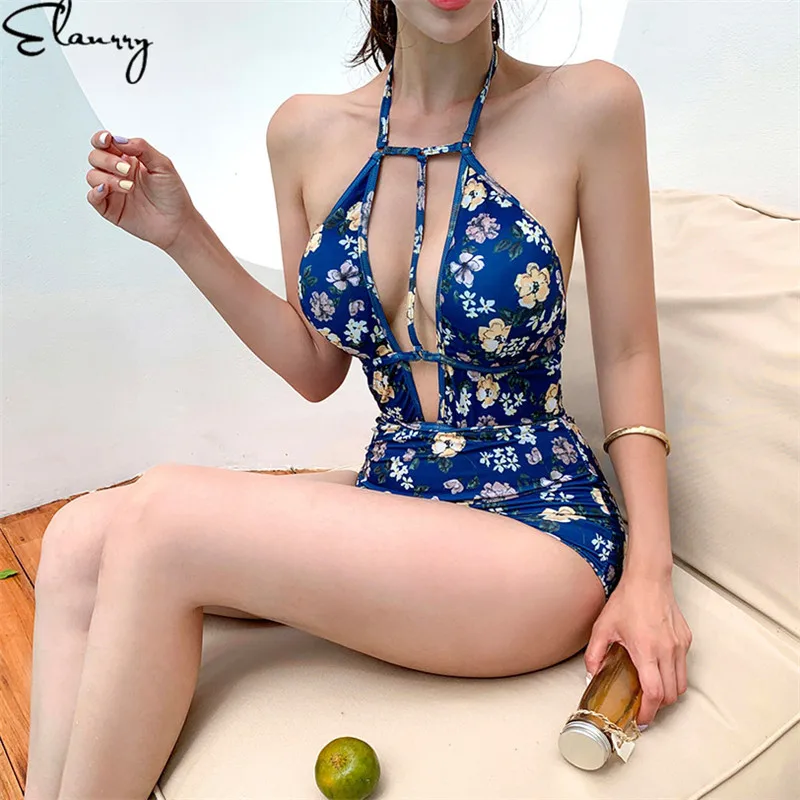 

Women One Piece Swimsuit Sexy Backless Floral Print Monokini Bandage Padded Swimwear Vintage Summer Femmale Bathing Suits