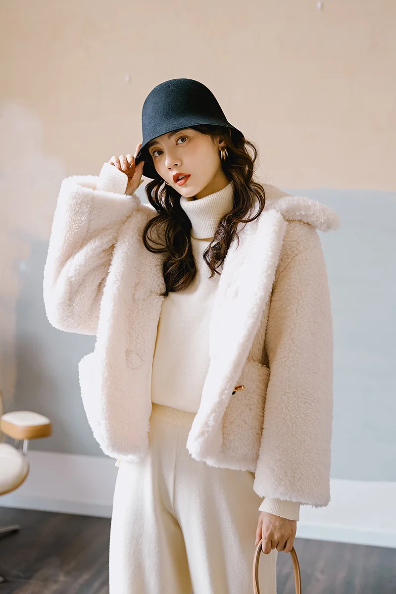 Стильный свитер, женское Короткое шерстяное пальто, зимнее однотонное пальто с одной роговой пряжкой, куртка с отложным воротником, женское повседневное Свободное пальто