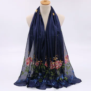 

2020 Fashion Stitch Polka Floral Silk Linen Shawl Scarf Lady High Quality Beads Wrap Pashmina Stole Bufandas Muslim Hijab Snood