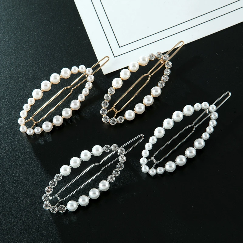 

Fashion women side clip hollow oval pearl rhinestone frog clip geometry headdress hair clip