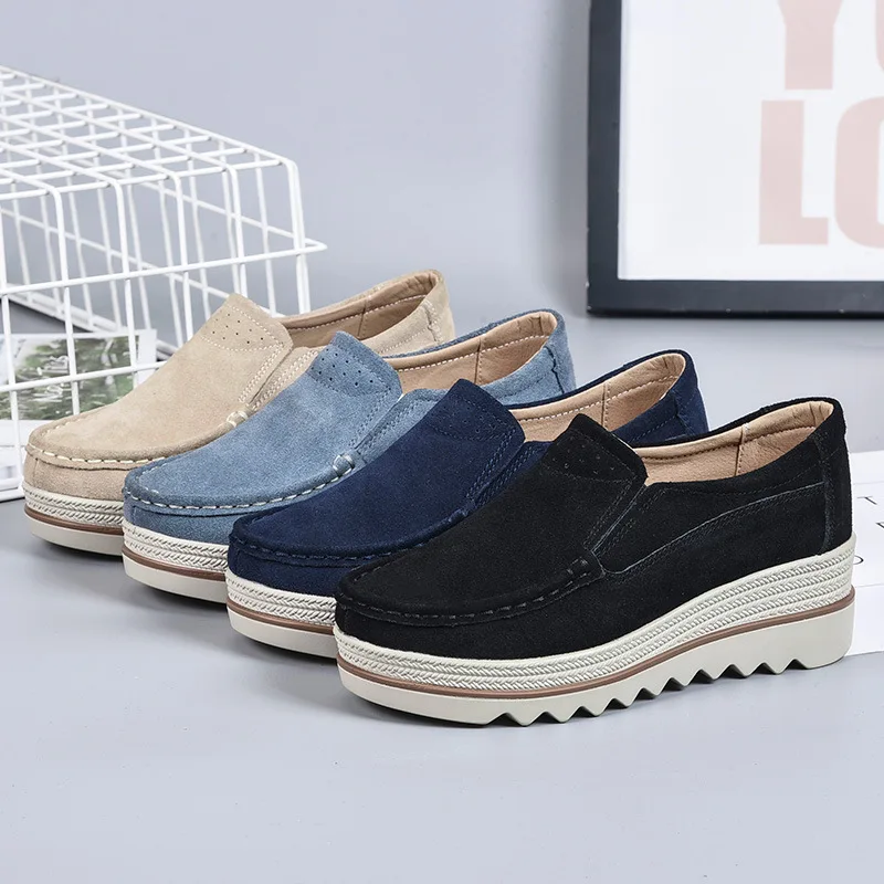 

2018 Spring And Autumn New Style Moccosins Women's Leather Shoes Soft Bottom Is Comfortable Mom Shoes Slanted Heel Thick Bottome