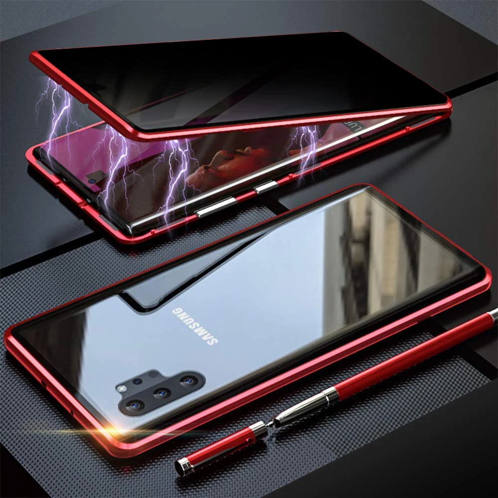 Красный Магнитный чехол для samsung Galaxy S10 S8 S9 Note 10 Plus Note 9 8 S10e противоскользящее двойное закаленное стекло металлический бампер - Цвет: Красный