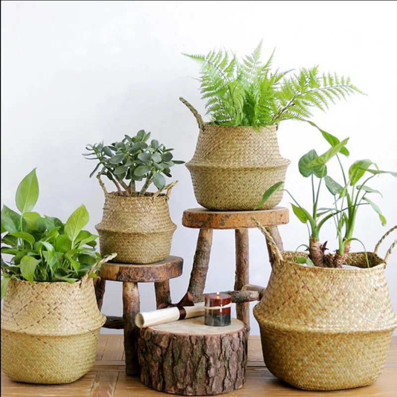 

Home Garden Foldable Seagrass Laundry Wickerwork Basket Hanging Flower Pots Rattan Planter Woven Dirty Baskets