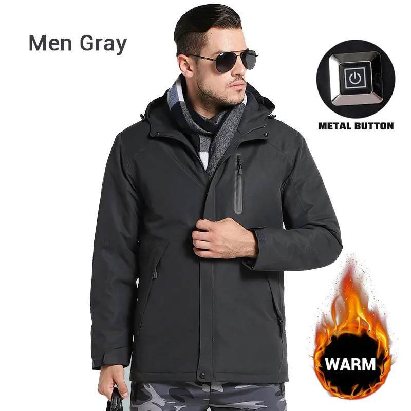 Мотоциклетная куртка для мужчин и женщин Зимняя Толстая USB Инфракрасная нагревательная куртка водонепроницаемая с капюшоном электрическая теплая одежда Chaqueta Moto - Цвет: Men Gray