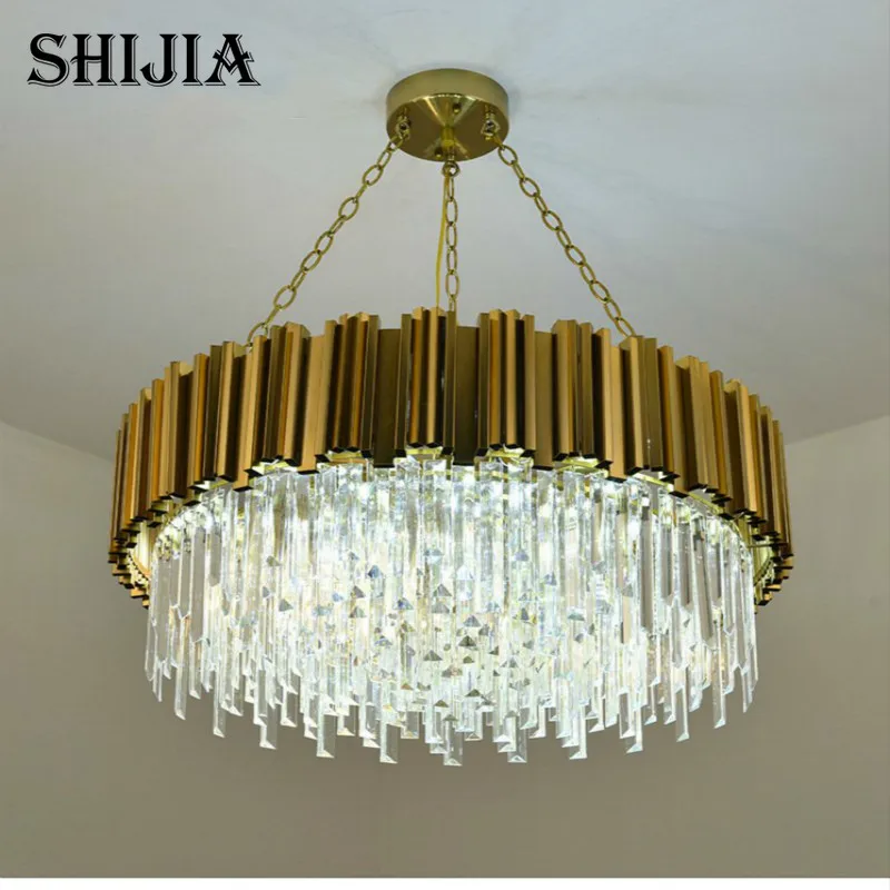 

Modern Crystal Lamp Chandelier For Living Room Luxury Gold Round Stainless Steel Chain Chandeliers Lighting