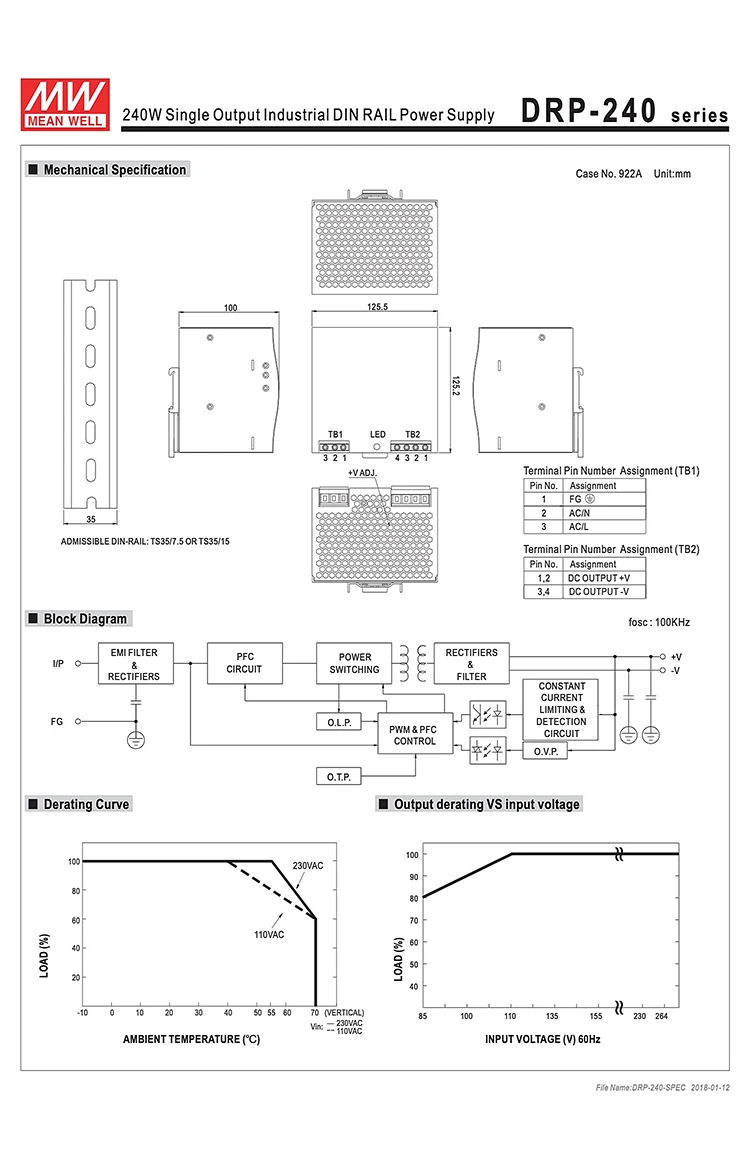 MEAN WELL DRP-240-48 240 Вт 48 В din-рейку импульсный источник питания 110 В/220 В AC до 48 В DC 5A блок питания PSU трансформатор PFC
