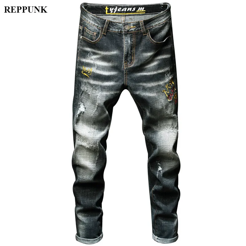 REPPUNK Новые Модные Качественные хлопковые удобные джинсовые брюки эластичные узкие мужские вышитые классические уличные джинсы