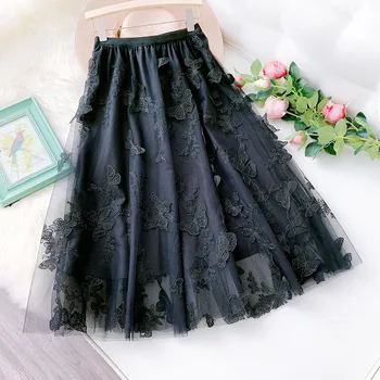 

FairyShely 2020 Summer Tulle 3D Embroidery Skirts Womens Black Mesh Pleated Long Skirt Ladies Elastic High Waist Midi Skirt
