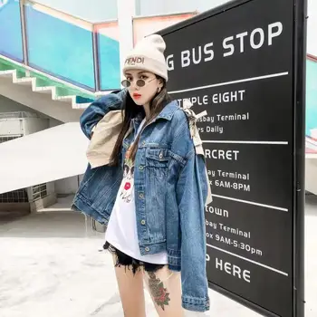 

Spring Fake two Khaki Cotton Patchwork Blue Denim jacket Women Irregular Frayed Burr Washed Streetwear Jeans coat Chaqueta mujer
