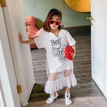 

Summer girls tee dress Baby long t shirt kids vestidos Children brand clothes letter print see through mesh fishtail 3 to 14 yrs