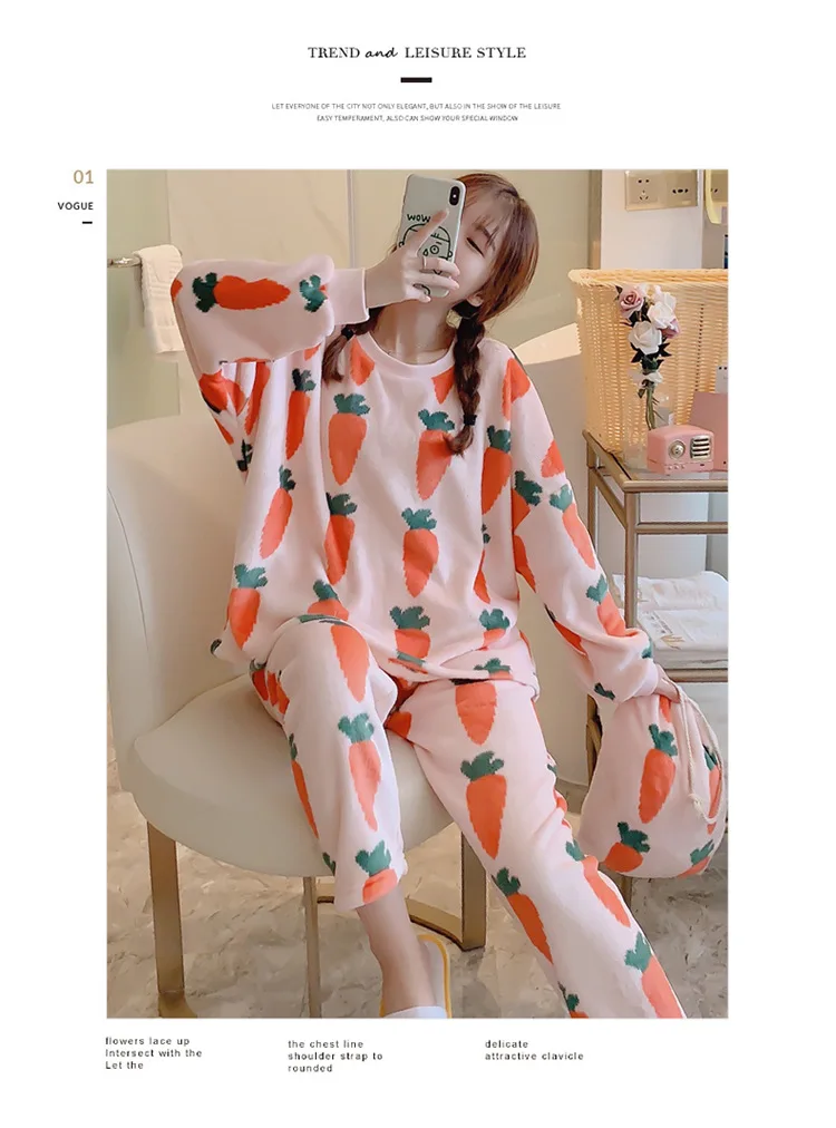 ladies pyjamas autumn/winter ladies flannel suit thickened 260g lovely girl carrot print home wear collection bag