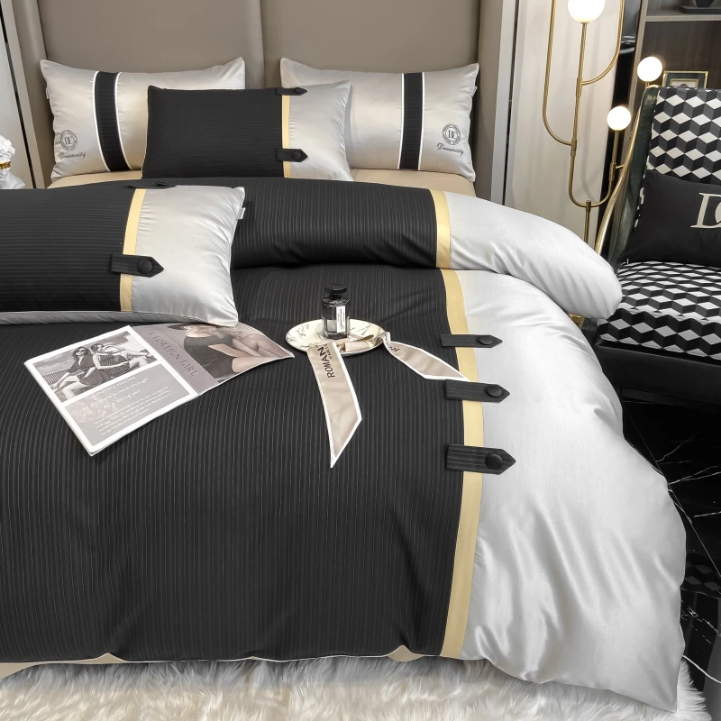 Waliicorners Quilt Duvet Cover Set Bed Linen Fitted Sheet Pillowcases Modern Light Luxury 60S Long-staple Cotton Embroidery Bedding Set 10 H3f2d4c84d6a44c94b3a7fd010c0b9561U