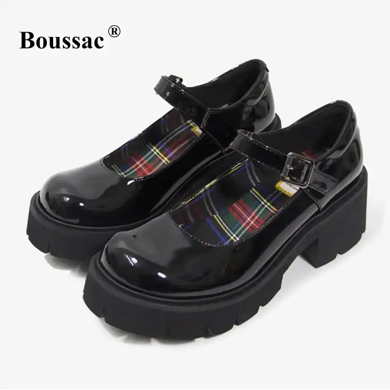 Women Shallow Mouth Mary Jane Shoes Vintage Round Toe Thick Bottom Square Heels Patent Leather Platform Buckle Strap Pumps