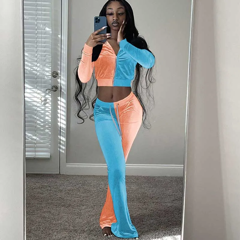 Bicolor Patchwork Velvet Tracksuit Activewear Women Two Piece Sport Suit Zipper Long Sleeve Cropped Jacket + Bell Bottom Pants |