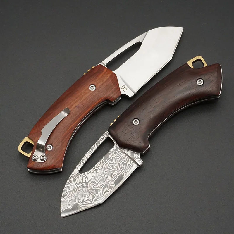 

Small Folding Knife Damascus D2 Steel Blade Pocket Camping Hunting Knives EDC Tool Sandalwood Handle Exquisite Mini Gift Knife