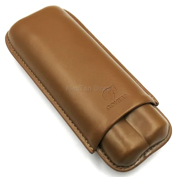 

COHIBA High Grade Brown Cow Leather Travel Cigar Case Holder 2 Tube Humidor Mini Cigars Storage Box For Office W/Gift Box