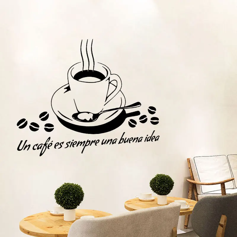 Un Cafe Es Sirmpre Una Buena Idea Spanish Wall Stickers Living Room Restaurant Decor Decals Home Decoration Coffee Wallpaper