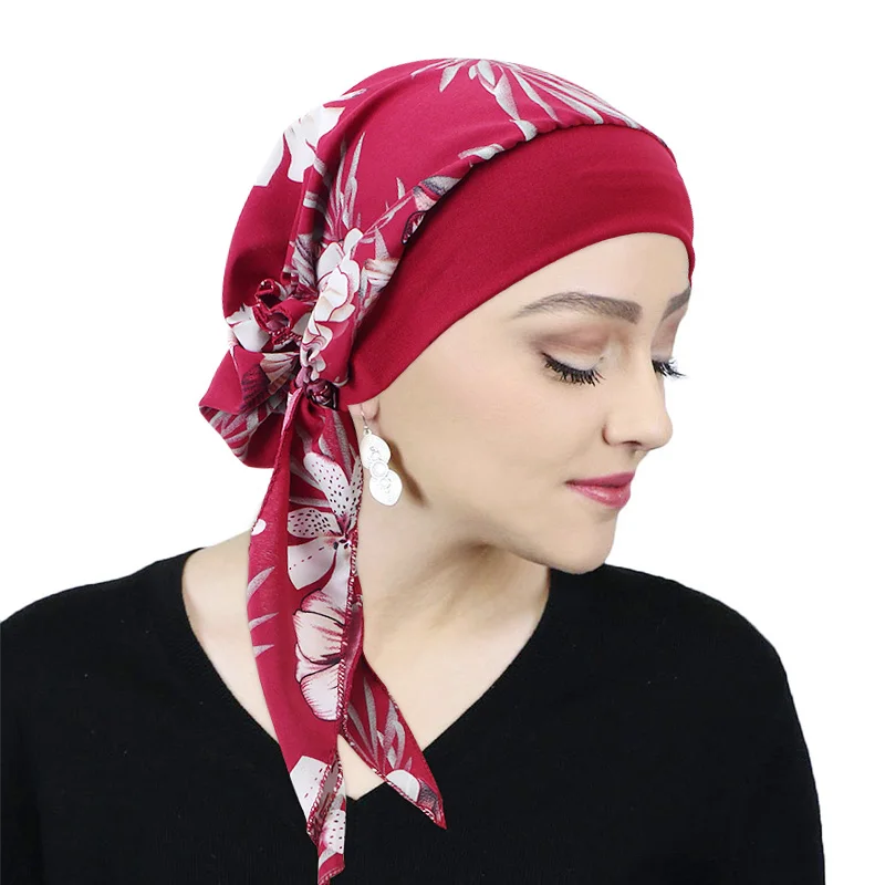 Frauen Gedruckt Pre-krawatte Kopftuch Elastische Muslimischen Weiblichen Turban Krebs Chemo Hut Haar Verlust Abdeckung Kopf Wrap Headwear Stretch bandana