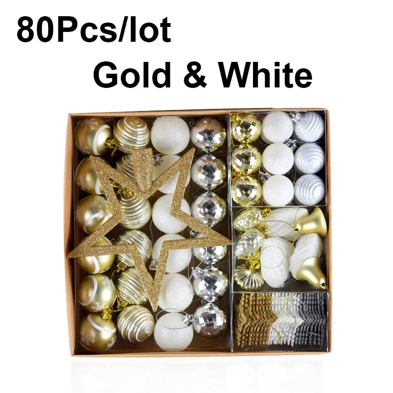 80 Pcs Gold 80 шт./лот Рождественские шары с елкой сверху сверкающие звезды висячие шары безделушки Снежинка Рождественская елка украшения шары орнамент - Цвет: 80 Pcs Gold