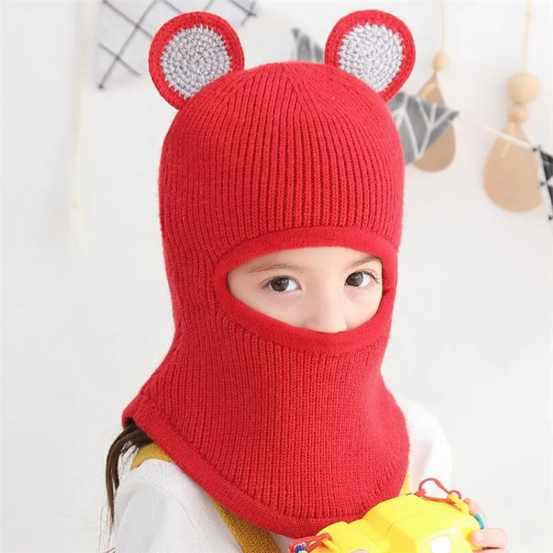 Kid Hat And Scarf Child Knit Short Plush Hooded Scarf Winter Warm Protection Ear Cap Circulal Scarves Girl Boy Accessories