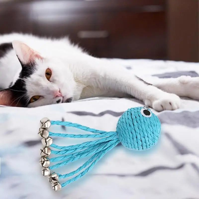 Lovely Dog Cat Shape Toys Lovely and Pleasant Interesting Vocalization Blue Paper Rope Octopus Bell Toys for Kitten Puppy