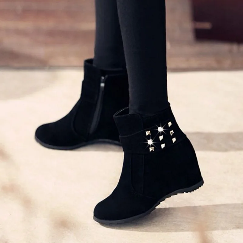 

2019 Winter Shoes Women Ankle Boots Black Rivets Wedges Boots Increasing Height Botas Mujer High Heels Ladies Shoes booties 7857
