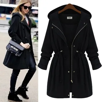 

mom American style hooded long woman trench casual elastic waist 2020 black green plus size long female coat