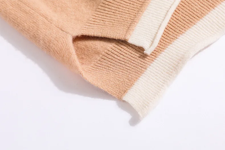 XJXKS Fashion V-neck splicing sweater women pullover autumn winter new large size high-end wool women knitted sweater
